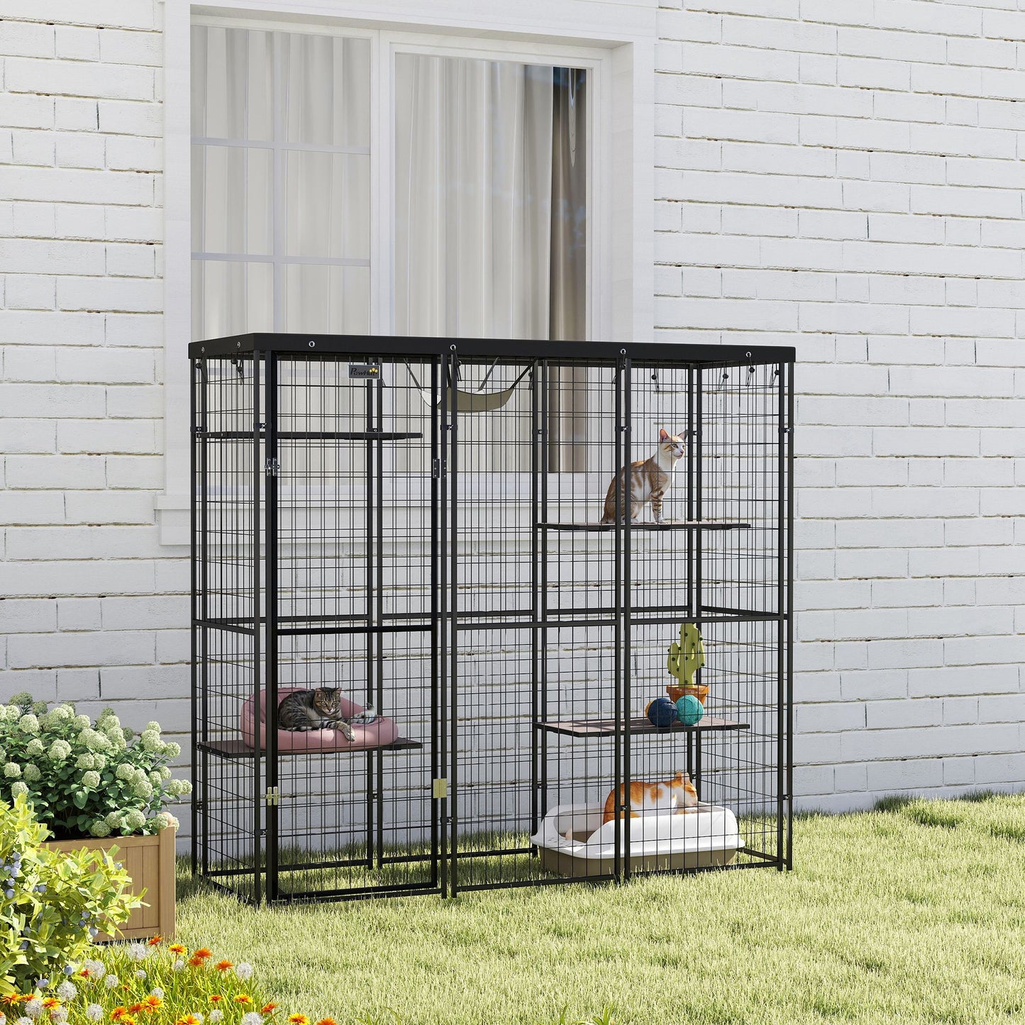 Outdoor Cat Enclosure with Waterproof Cover, 4 Platforms & Hammock for 1-3 Cats