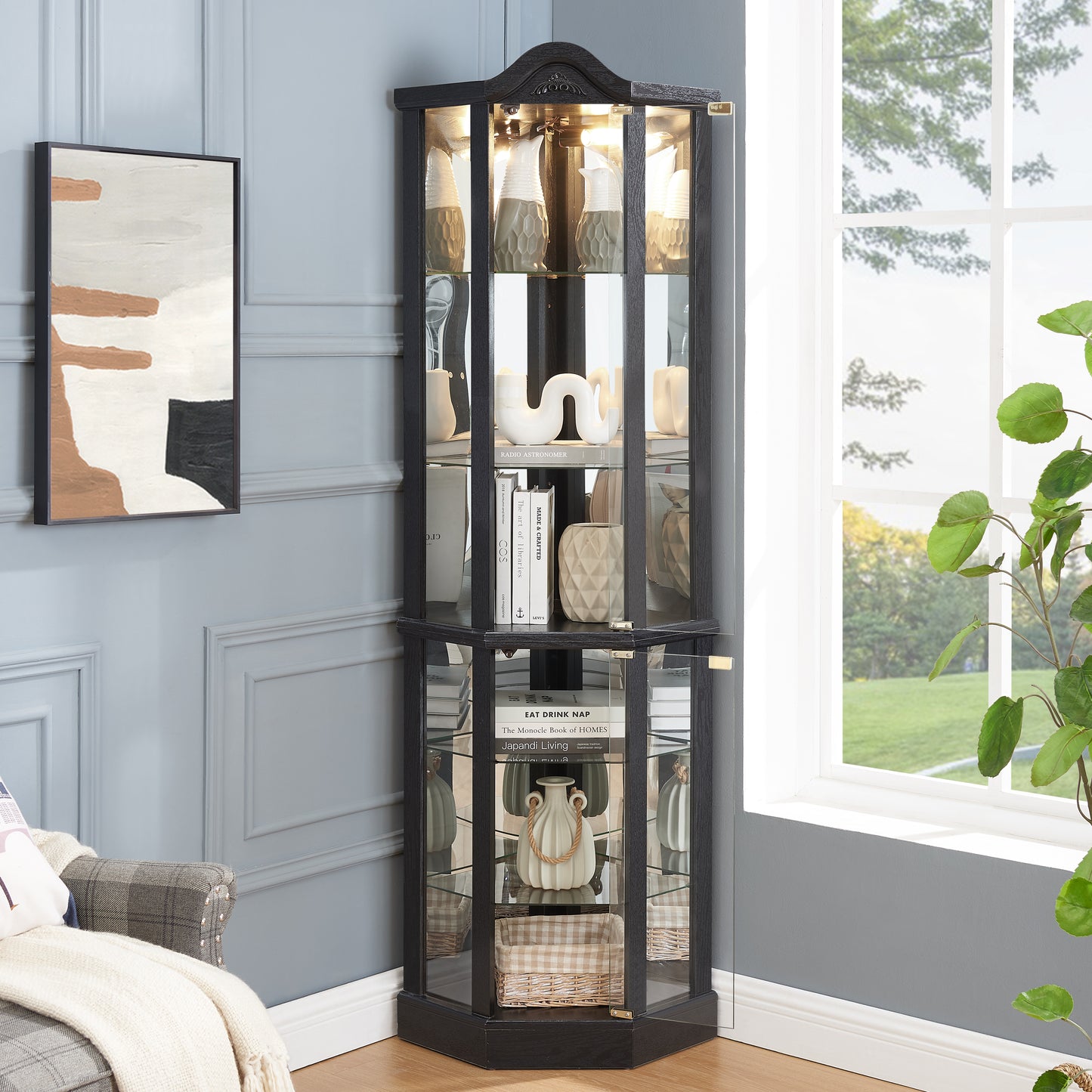 Lighted Glass Display Cabinet Corner Curio With Adjustable Shelves