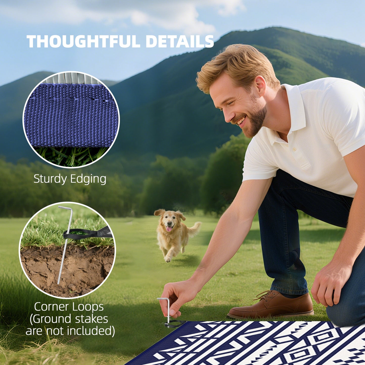 Reversible Outdoor Rug - Waterproof Plastic Straw, 9' x 18', Blue & White Geometric