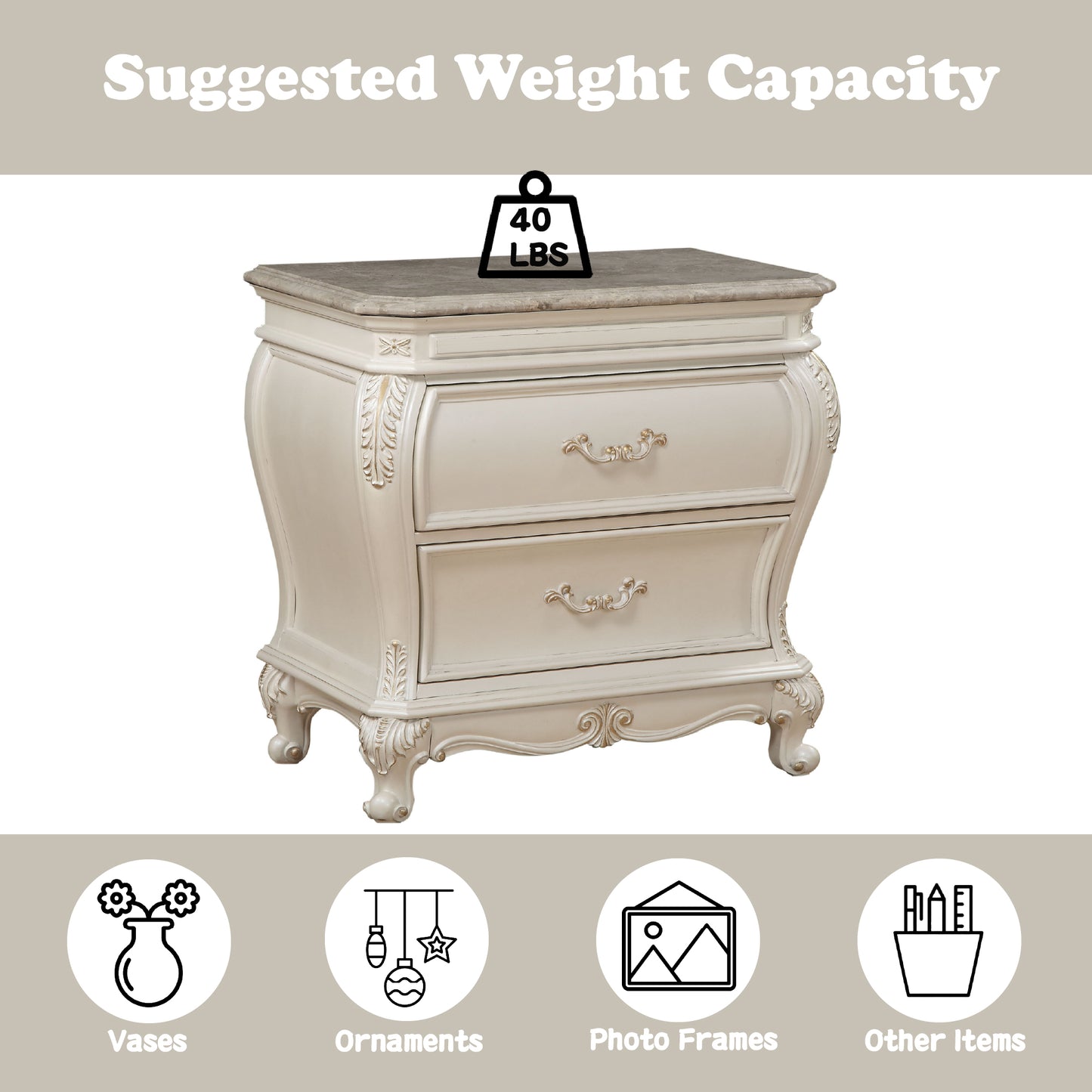 Elegant Pearl White Nightstand with Granite Top