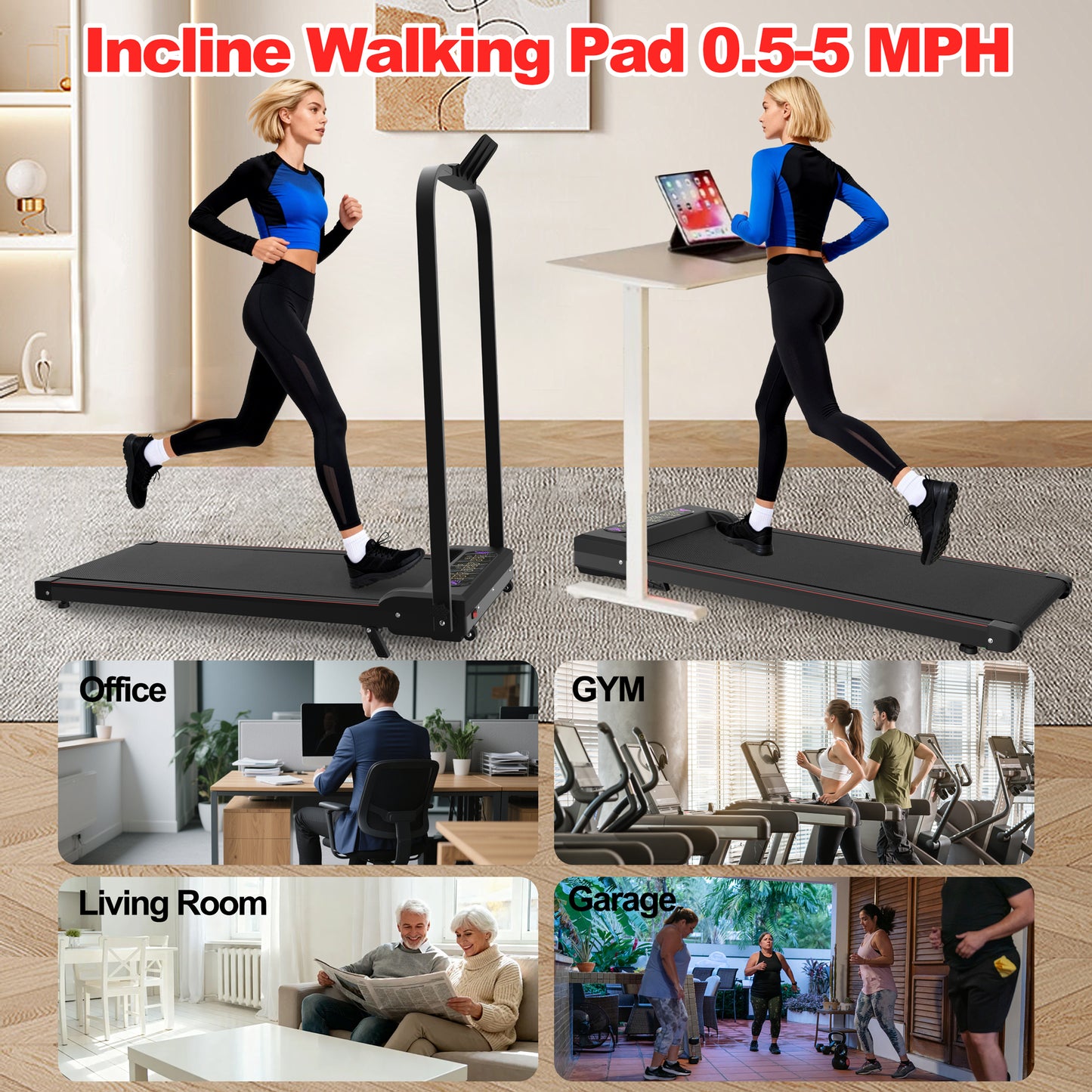 Foldable Treadmill with Handle Bar & Incline - Portable Under Desk Walking Pad