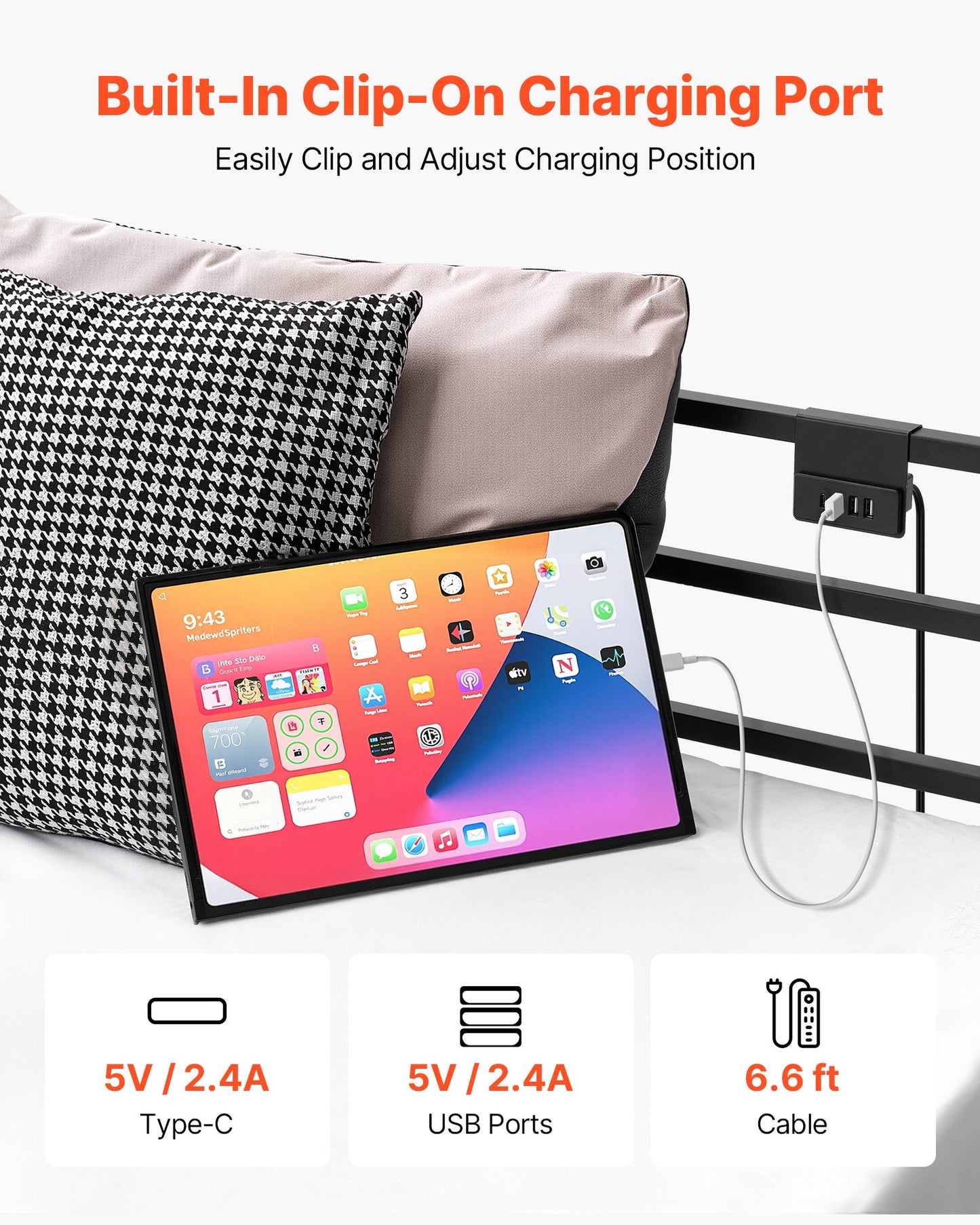 King Size Metal Canopy Bed Frame with Storage and Charging Station - Black