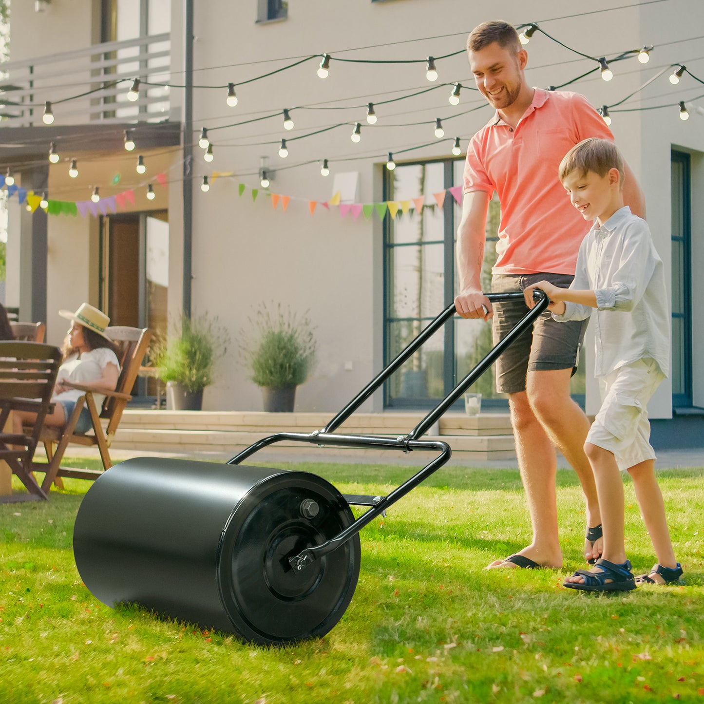 19 Inch Black Steel Lawn Roller for Gardening & Ground Flattening