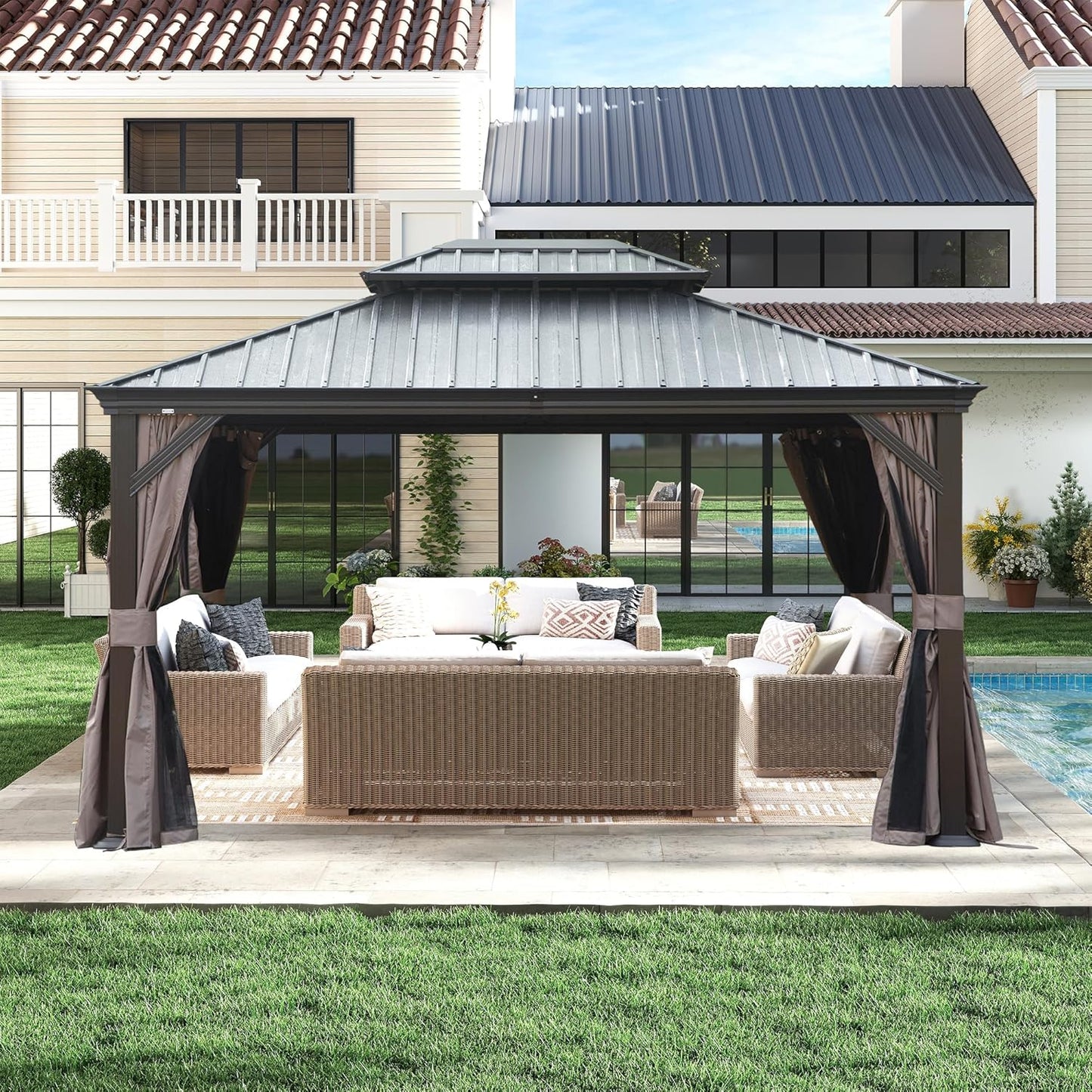 10x13FT Hardtop Outdoor Gazebo with Steel Double Roof - Brown