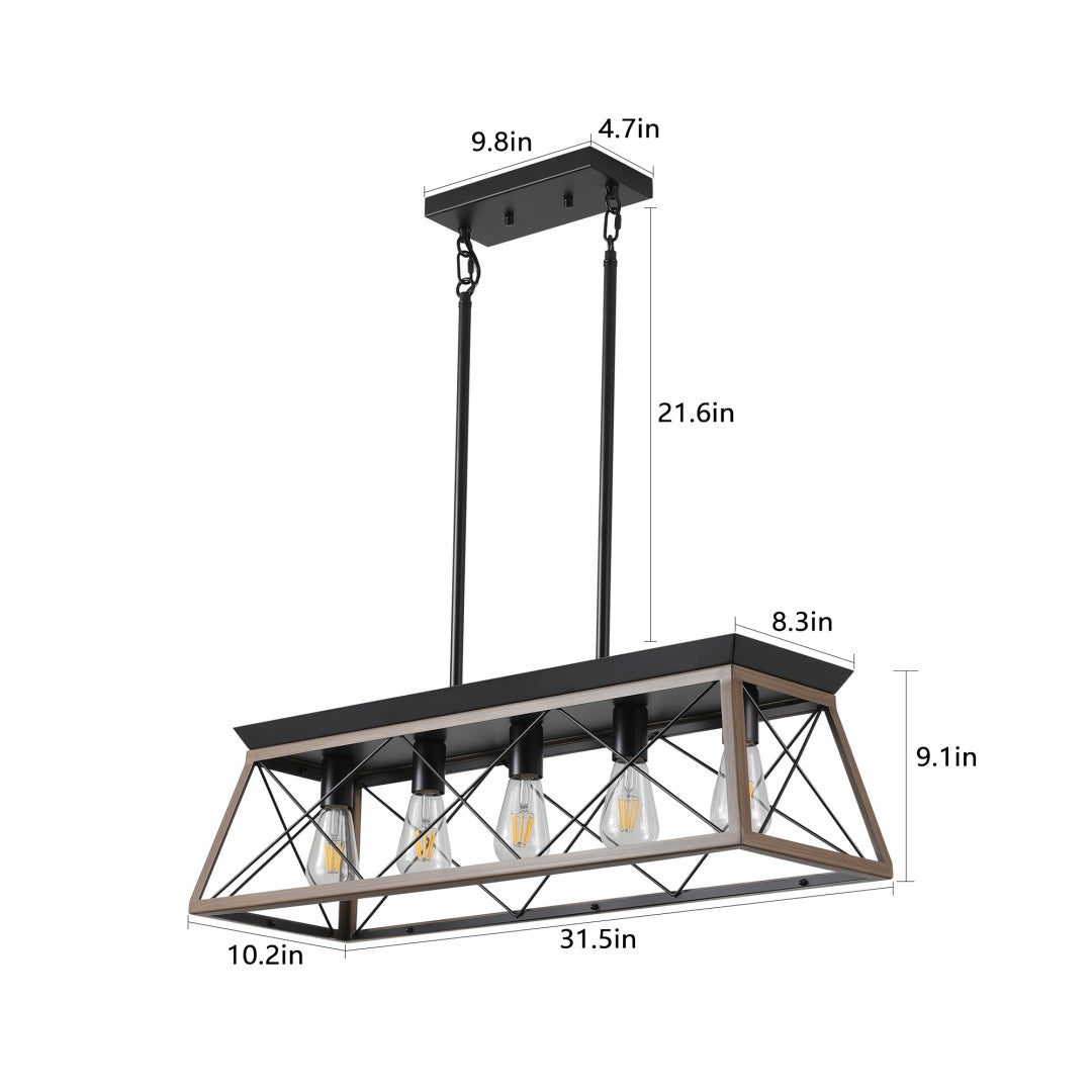 32-Inch Walnut Industrial 5-Light Pendant Chandelier - Adjustable