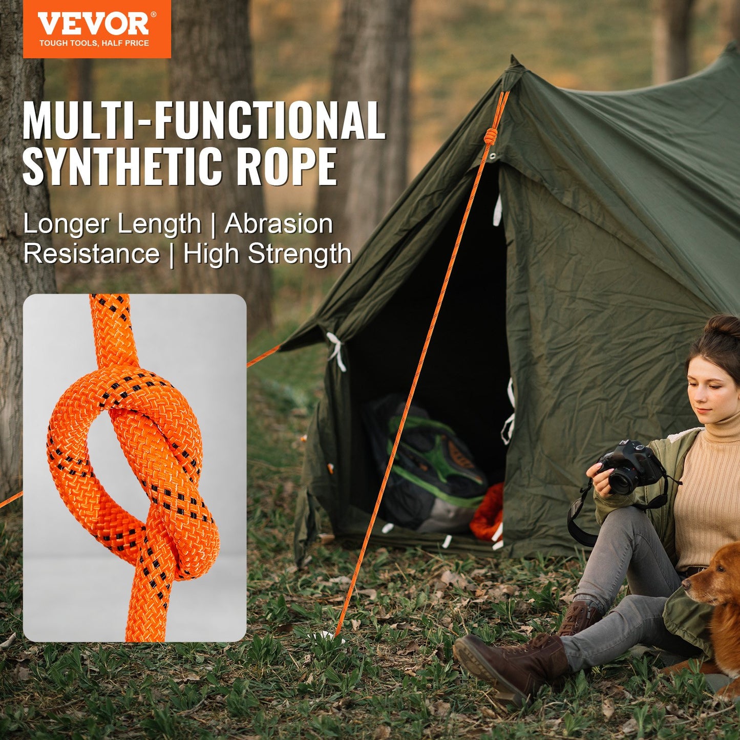 Outdoor Climbing Rope 3/8 Inch x 120 Ft Double Braided Polyester - High Strength, Orange/Black