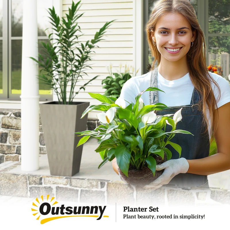 Set of 3 Tall Outdoor & Indoor Planters - 28 Inch Grey Tapered Pots with Drainage