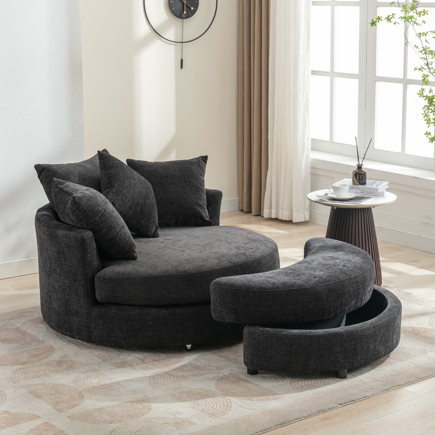 360° Swivel Accent Barrel Chair with Storage Ottoman & 4 Pillows - Gray