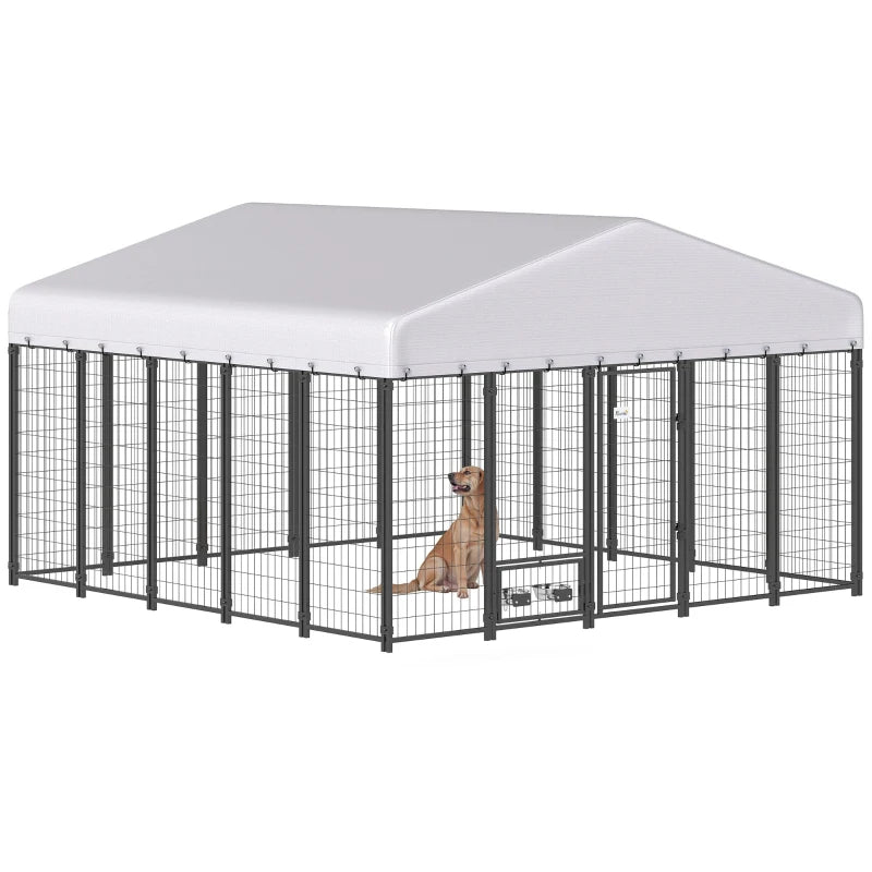 Outdoor Dog Kennel with Rotating Bowls, Waterproof Cover, Silver - Large Pet Run