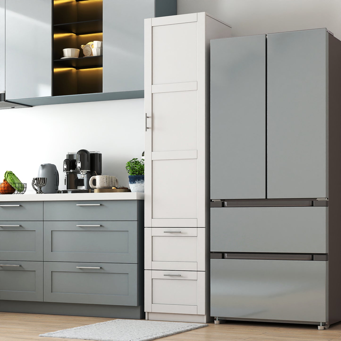 Tall Kitchen Pantry Cabinet with 1 Door & 2 Drawers - White