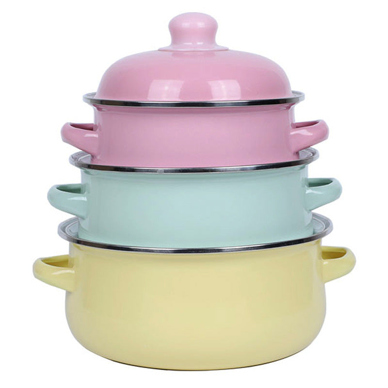 Double-Handled Enameled Noodle Bowl with Lid & Heat-Resistant Oil Can - Multi-Color Set