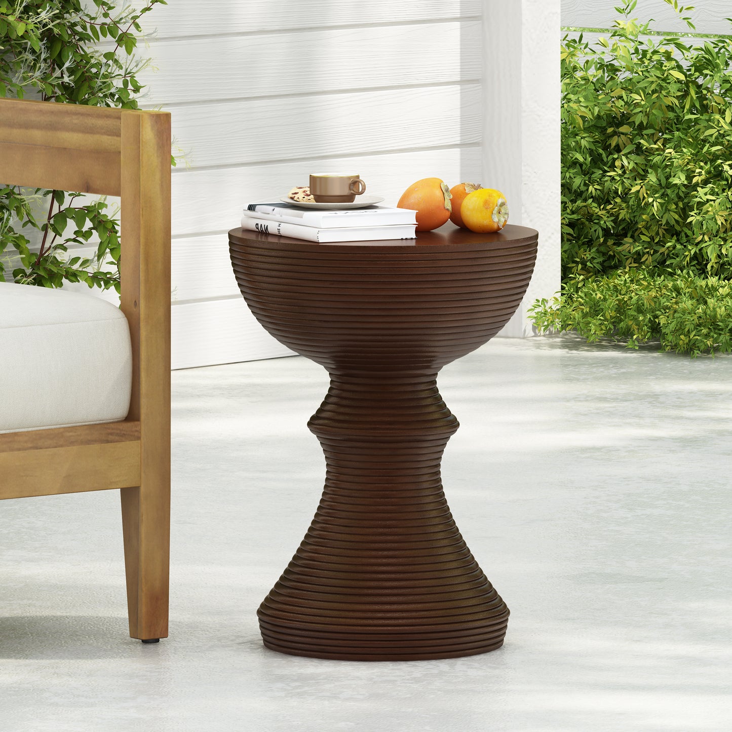 16 Ribbed Brown Concrete Outdoor Side Table With Hourglass Design