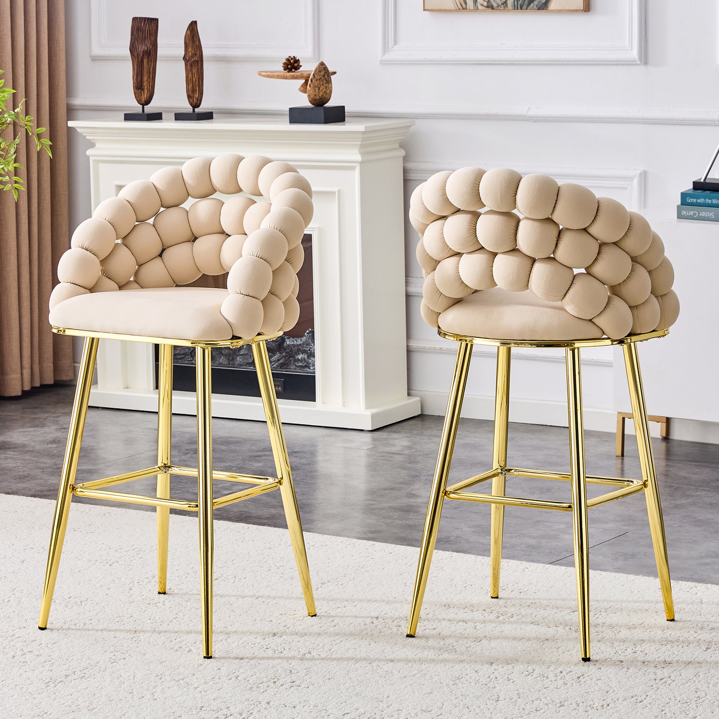 Set of 2 Modern Velvet Bar Stools with Gold Legs - Beige