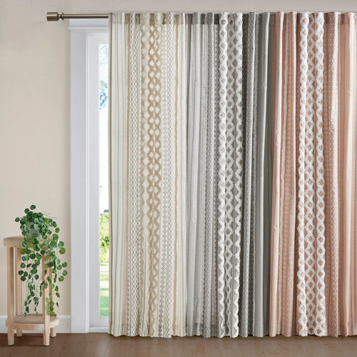 Ivory Cotton Printed Curtain Panel with Chenille Stripe - 50x84