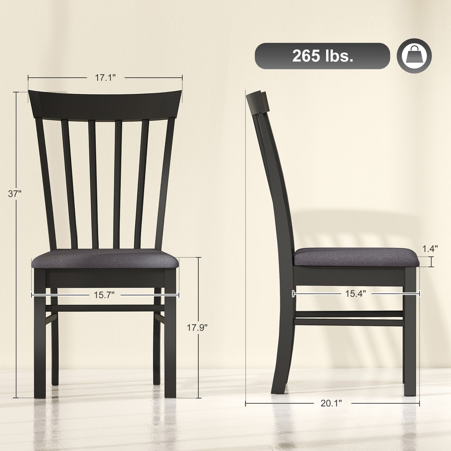 Set of 2 Farmhouse Dining Chairs - Black Upholstered Rubberwood