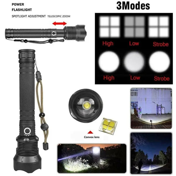 Rechargeable 9500000 Lumen Tactical LED Flashlight - Black