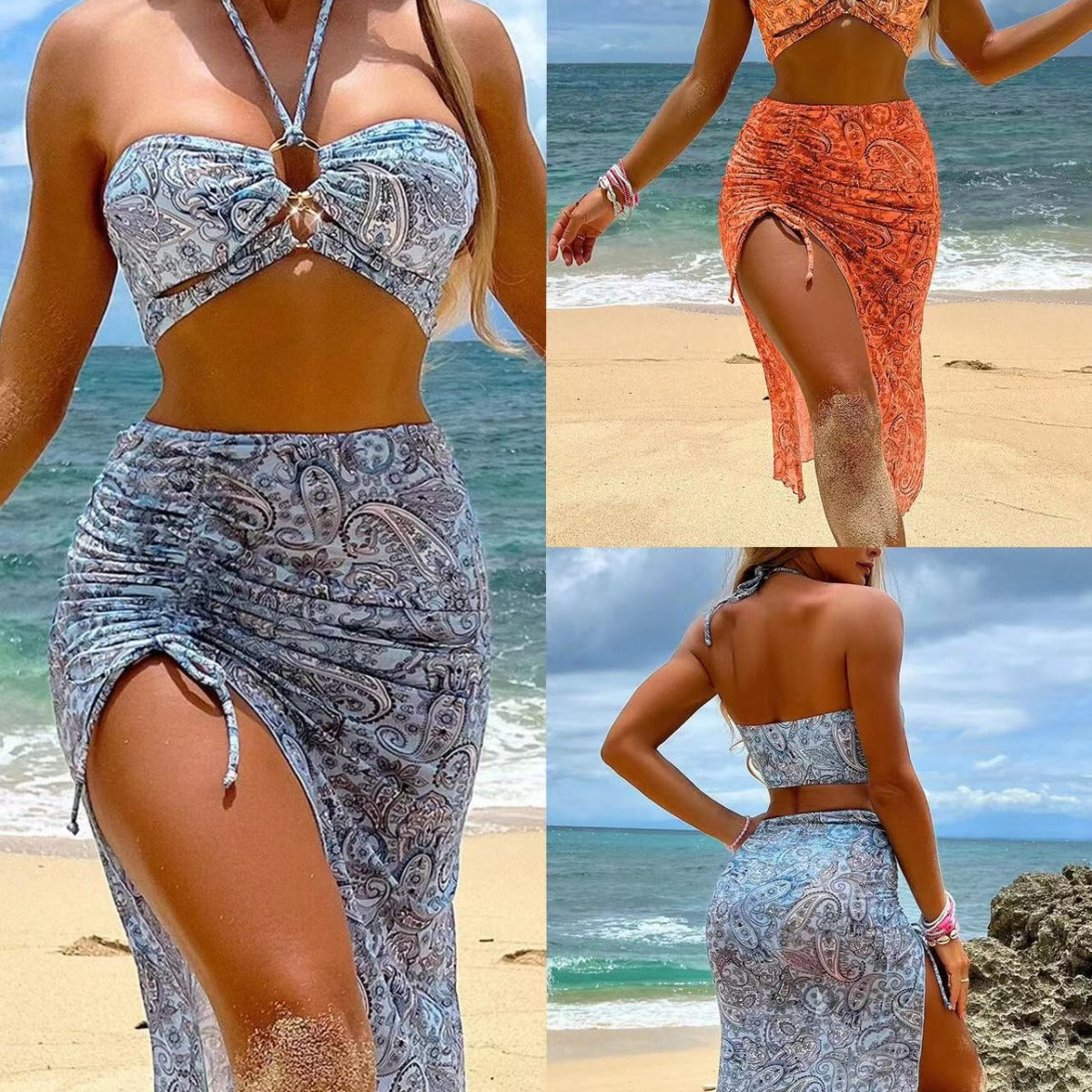 Women's 3-Piece Mesh Split-Print Swimsuit Set
