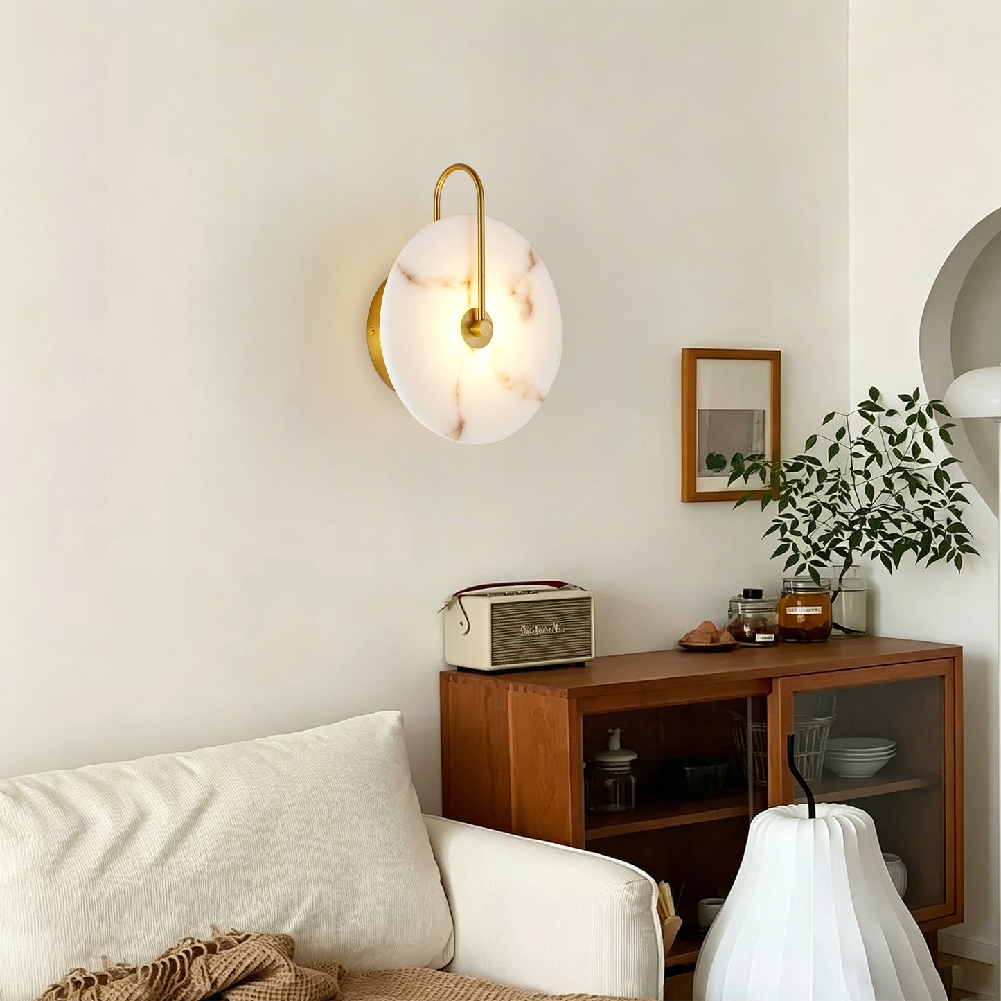 Round Alabaster Wall Sconce - Natural Marble LED Wall Lamp for Bedroom & Living Room - Gold Finish