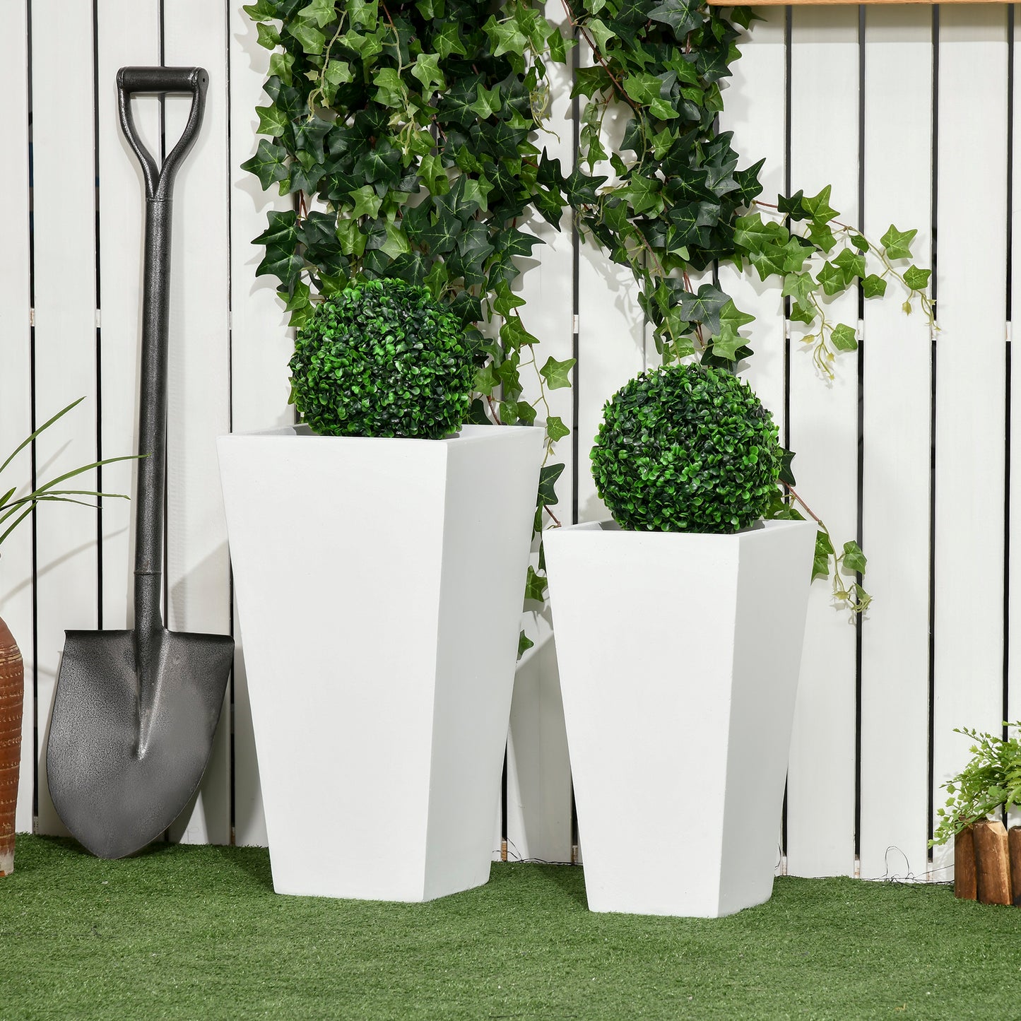 Outdoor Plant Pot Set with Drainage Holes - Large White Garden Planters, Stackable, 18in & 22in