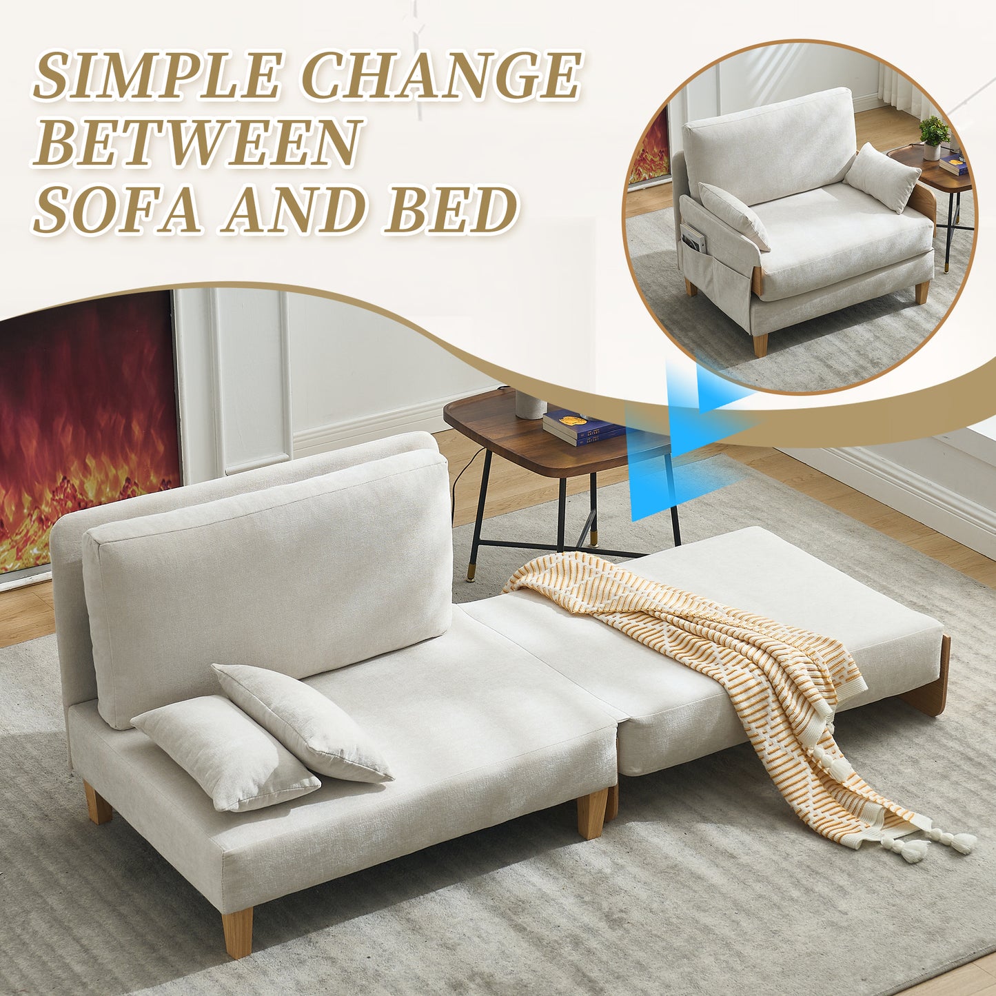 Foldable Sofa Bed Recliner - 3-in-1 Convertible Sleeper, Beige