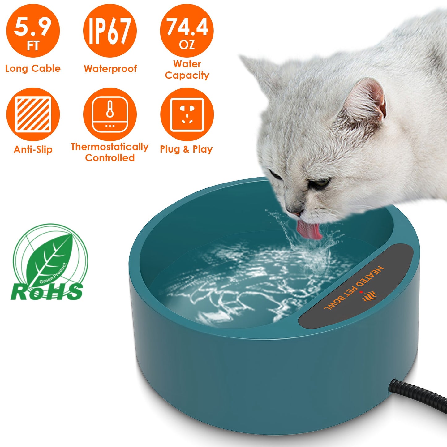 Heated Water Bowl for Dogs & Cats - 74.4oz IP67 Waterproof