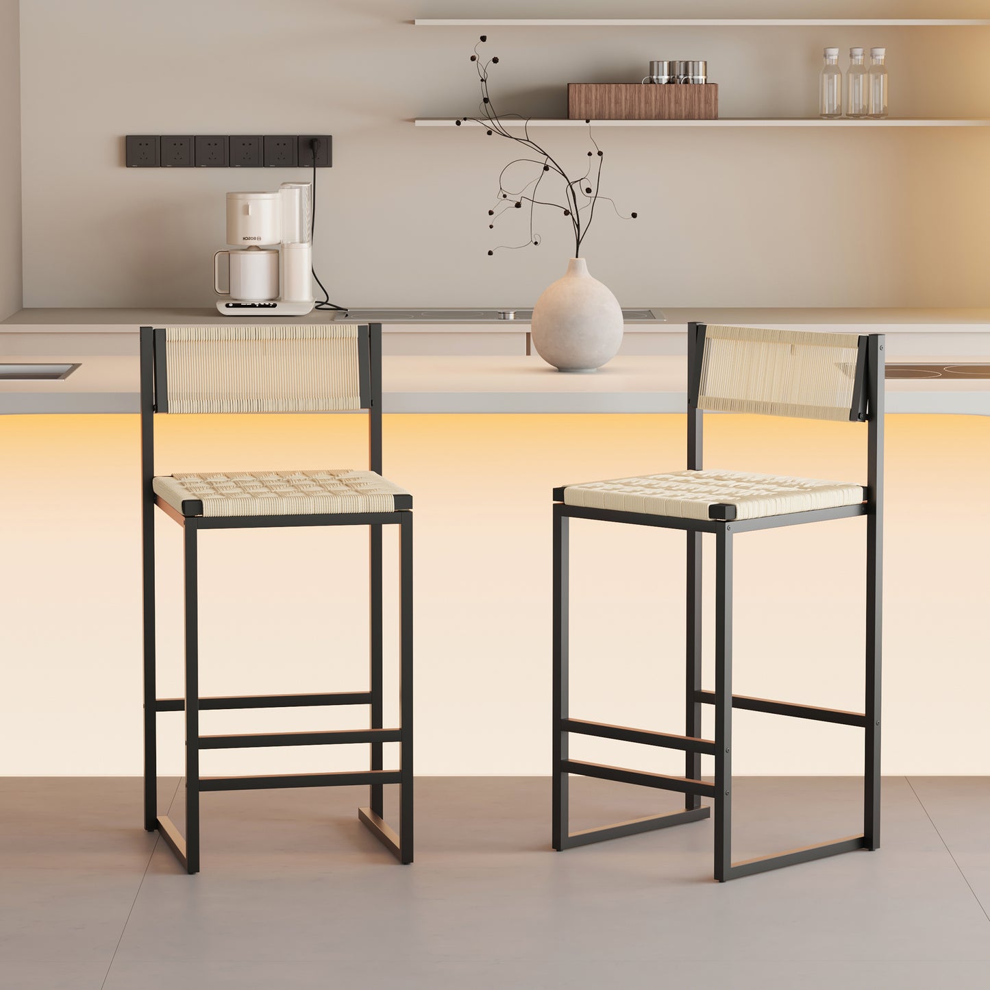 Set of 2 Woven Bar Stools with Backrest - Creamy White
