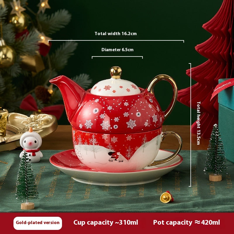 Gift Box Tea Set with Ceramic Teapot & Cups - Gold Plated Snowflake Design, Christmas Gift