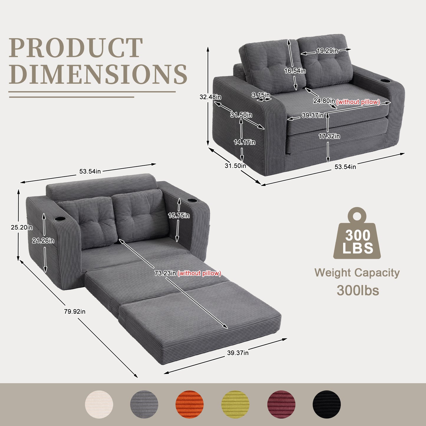Convertible Sofa Bed - 2-in-1 Fold Out Couch with Pillows - Gray