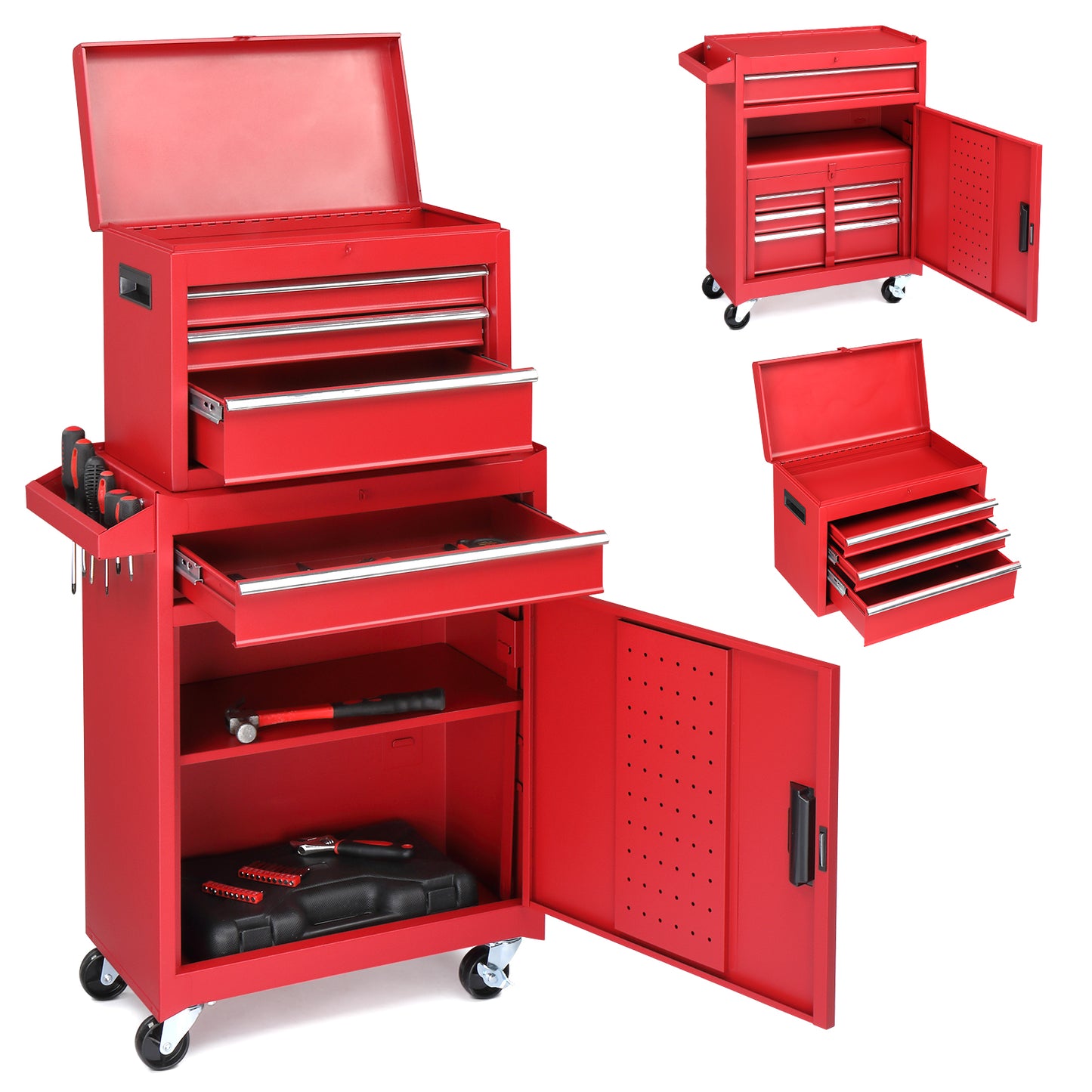 4-Drawer Steel Tool Cabinet with Lock - Heavy Duty Service Cart in Red
