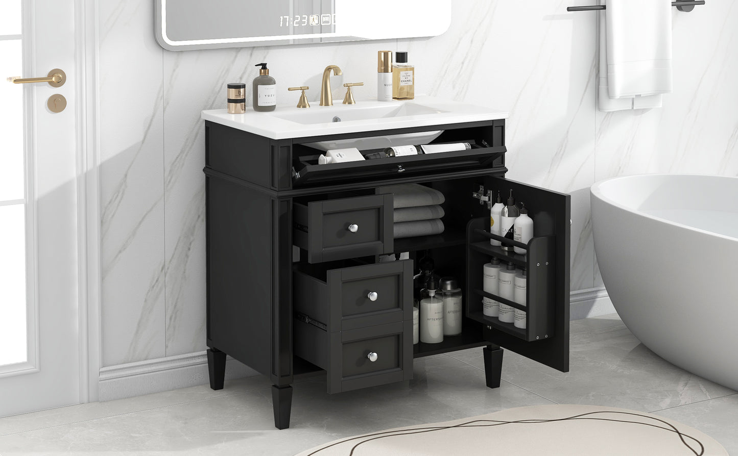 30'' Modern Bathroom Vanity with Ceramic Sink and Storage - Black