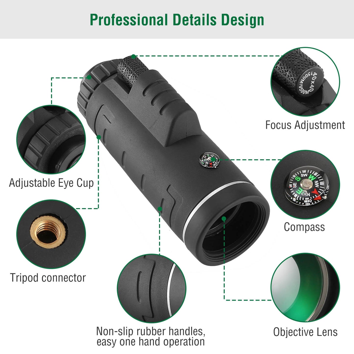 40x40 HD Monocular Telescope with Tripod & Phone Holder - Black