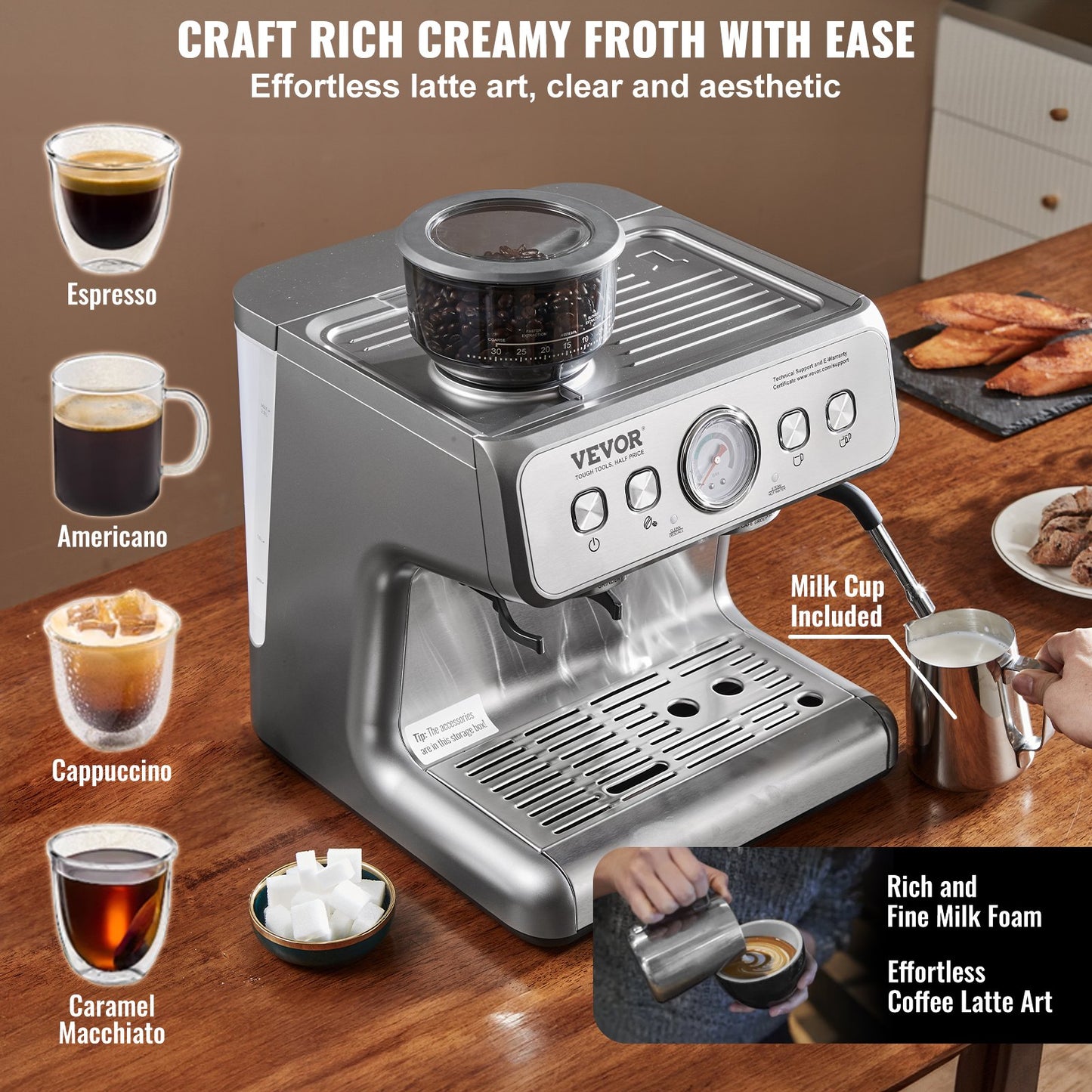 Semi-Automatic Espresso Machine with Grinder & Milk Frother - 15 Bar, PID Control
