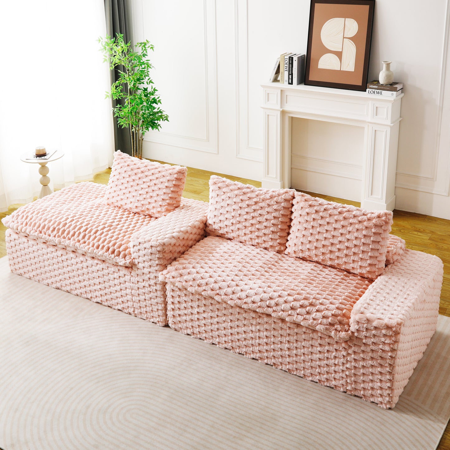Convertible Pink Turtle Velvet Sofa with Left Chaise Lounge