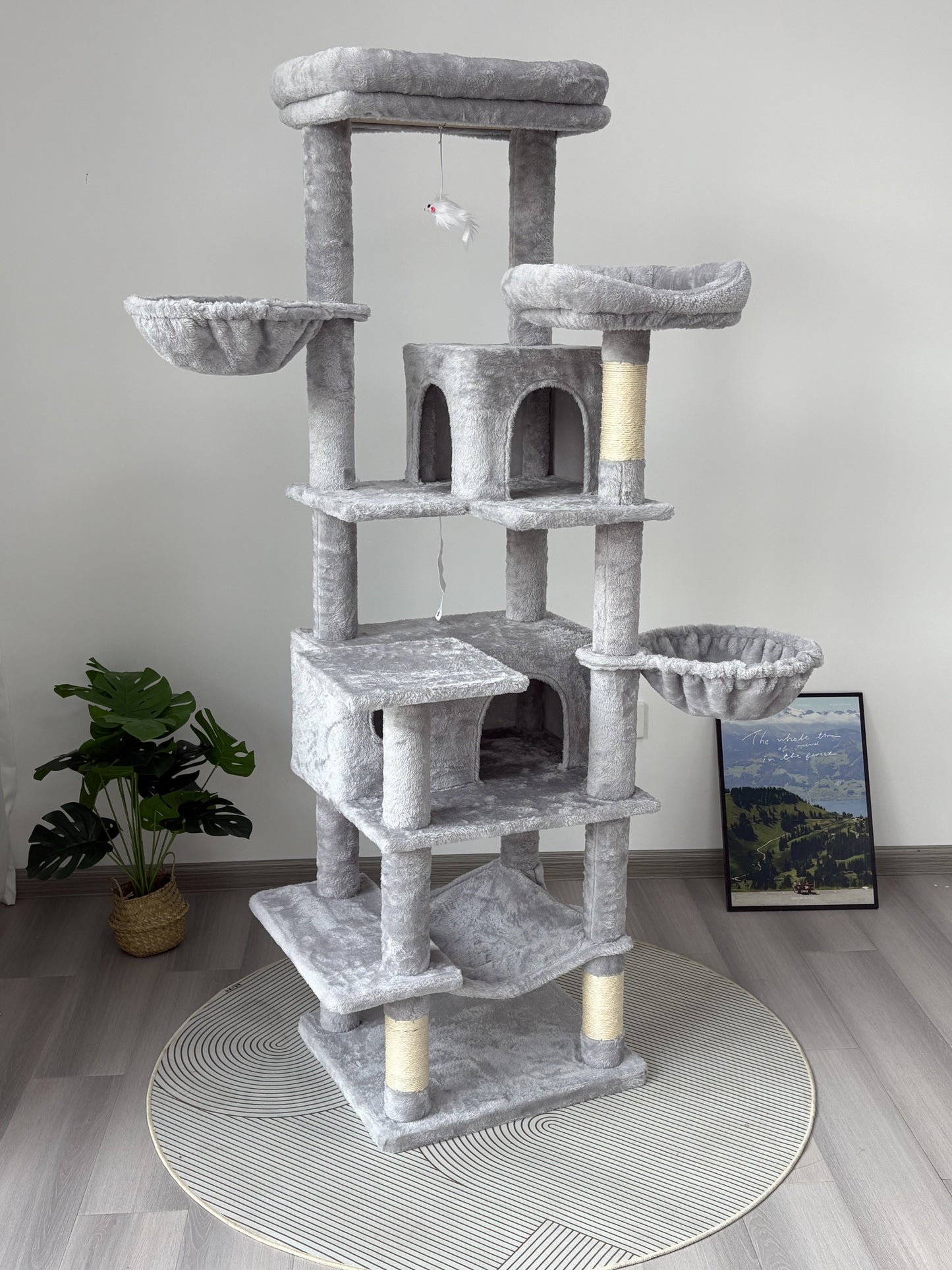 68-Inch Multi-Level Cat Tree with Hammocks and Scratching Posts - Light Gray
