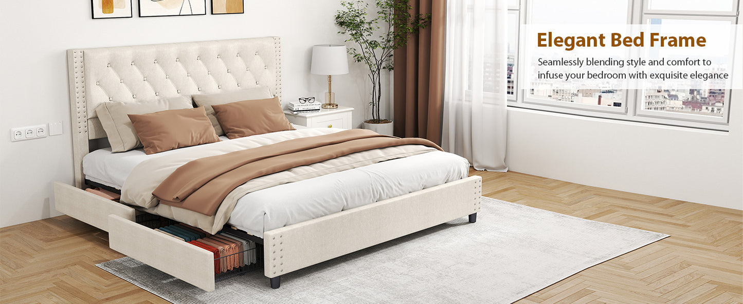 King Size Upholstered Bed Frame with Headboard & 4 Drawers