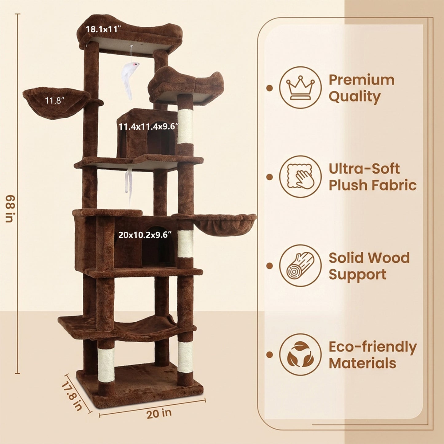 Tall Multi-Level Cat Tree with Hammocks & Scratching Posts - Brown 68in