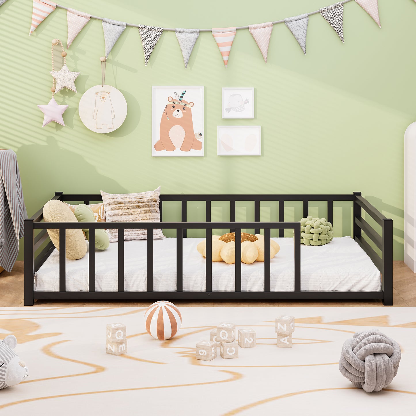Twin Size Metal Platform Bed Frame with Guardrails - Black