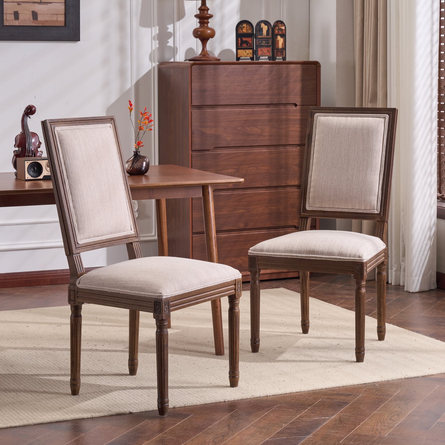 French Country Dining Chairs - Upholstered Cane Backrest, Set of 2
