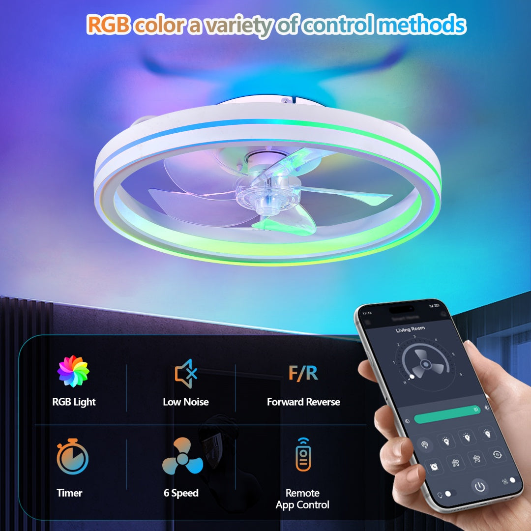 19in RGB Ceiling Fan with Lights Remote App Control Modern Low Profile Flush Mount