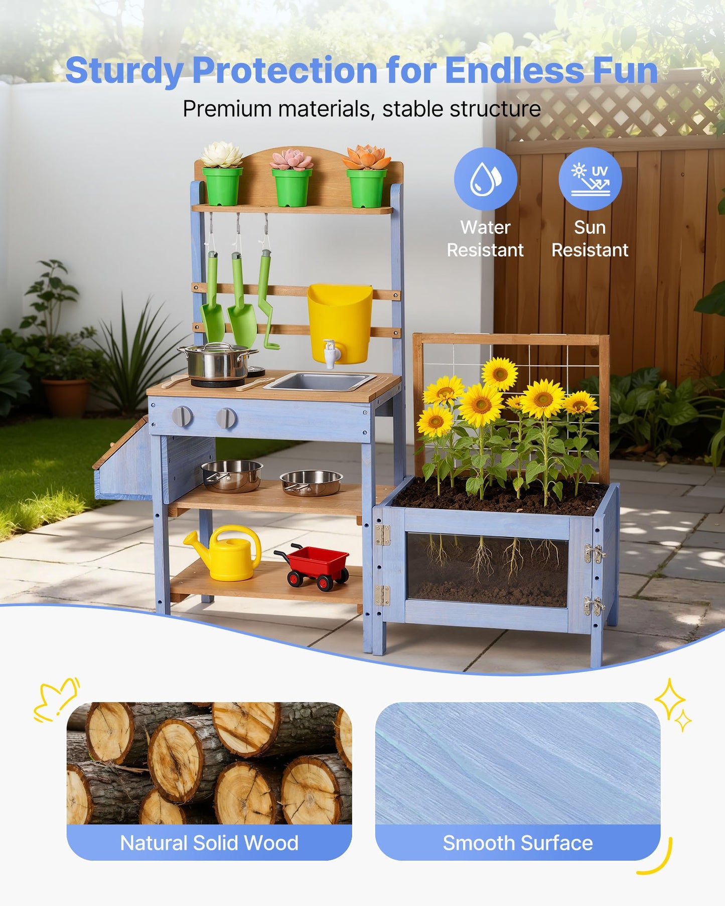 Outdoor Kids Mud Kitchen with Planting Box and Water Tank - Wooden Playset for Garden