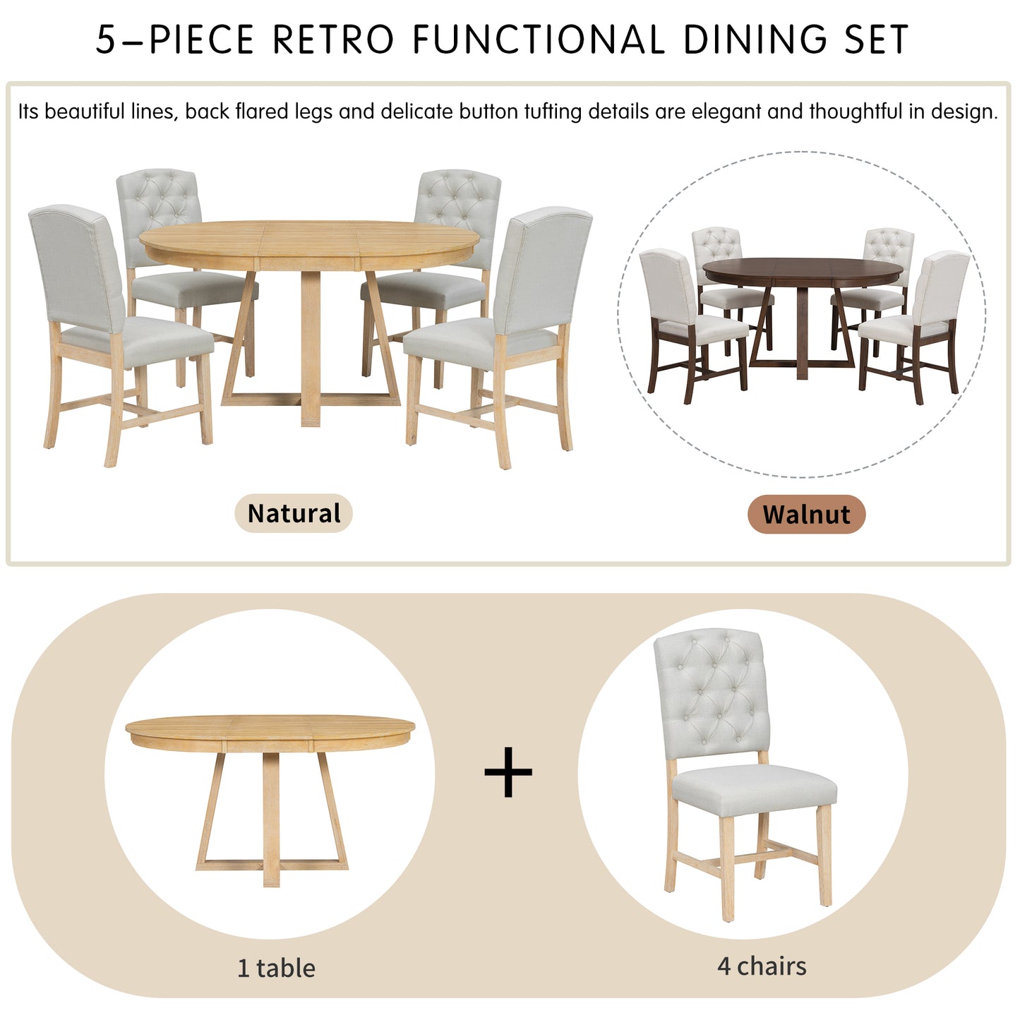 5-Piece Retro Dining Set with Round Table & 4 Upholstered Chairs - Natural