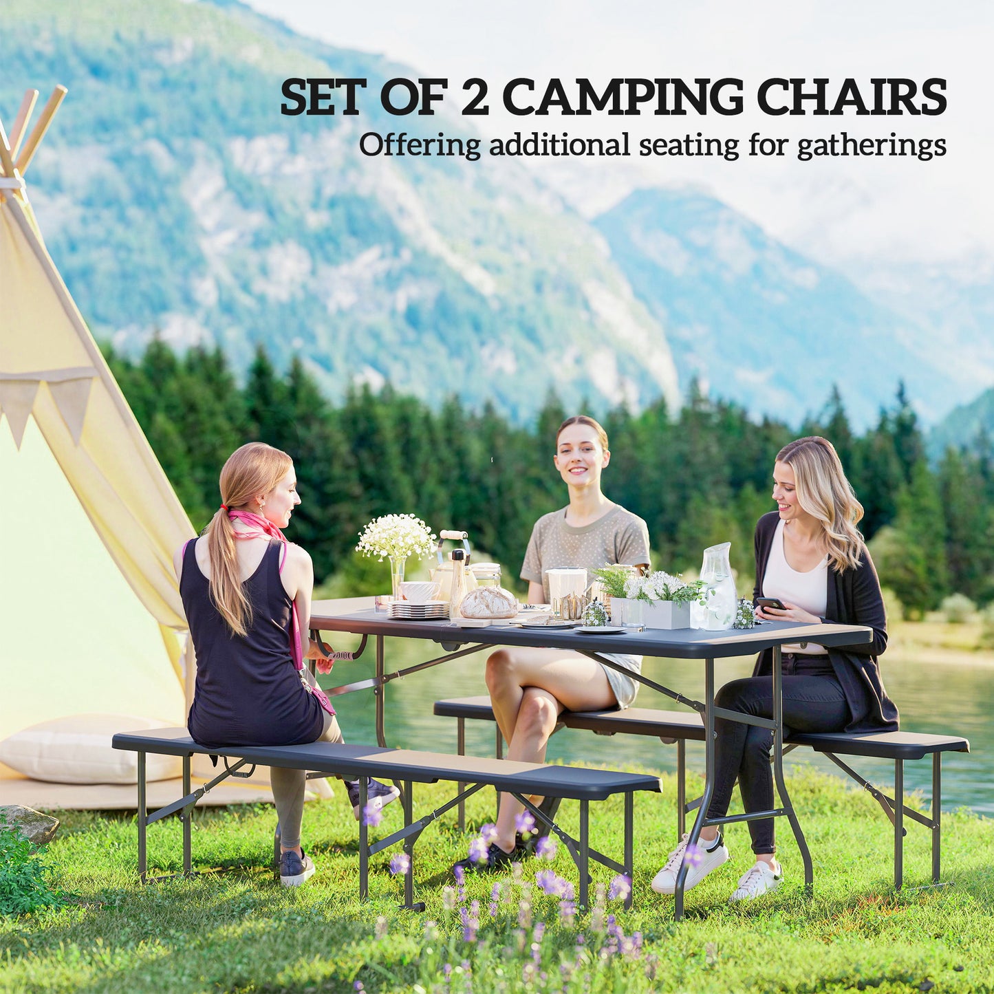 Portable Folding Camping Benches - Set of 2, 6 ft Black