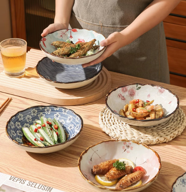 Chinese Style Ceramic Vegetable Dish with Floral Hand Drawn Pattern