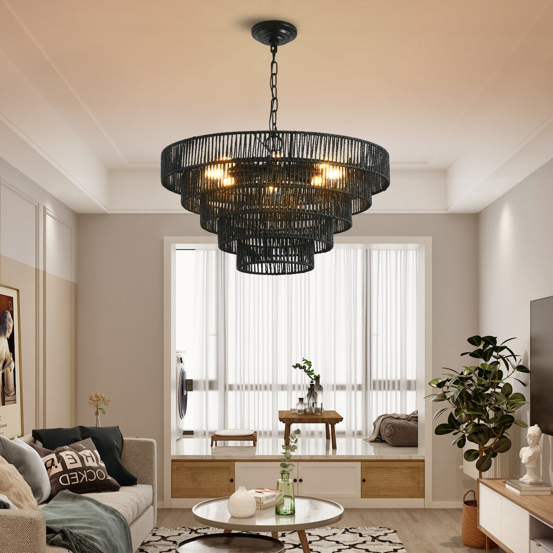 Rustic 5-Tier Black Hemp Rope Pendant Light Chandelier - 8 E12 Sockets