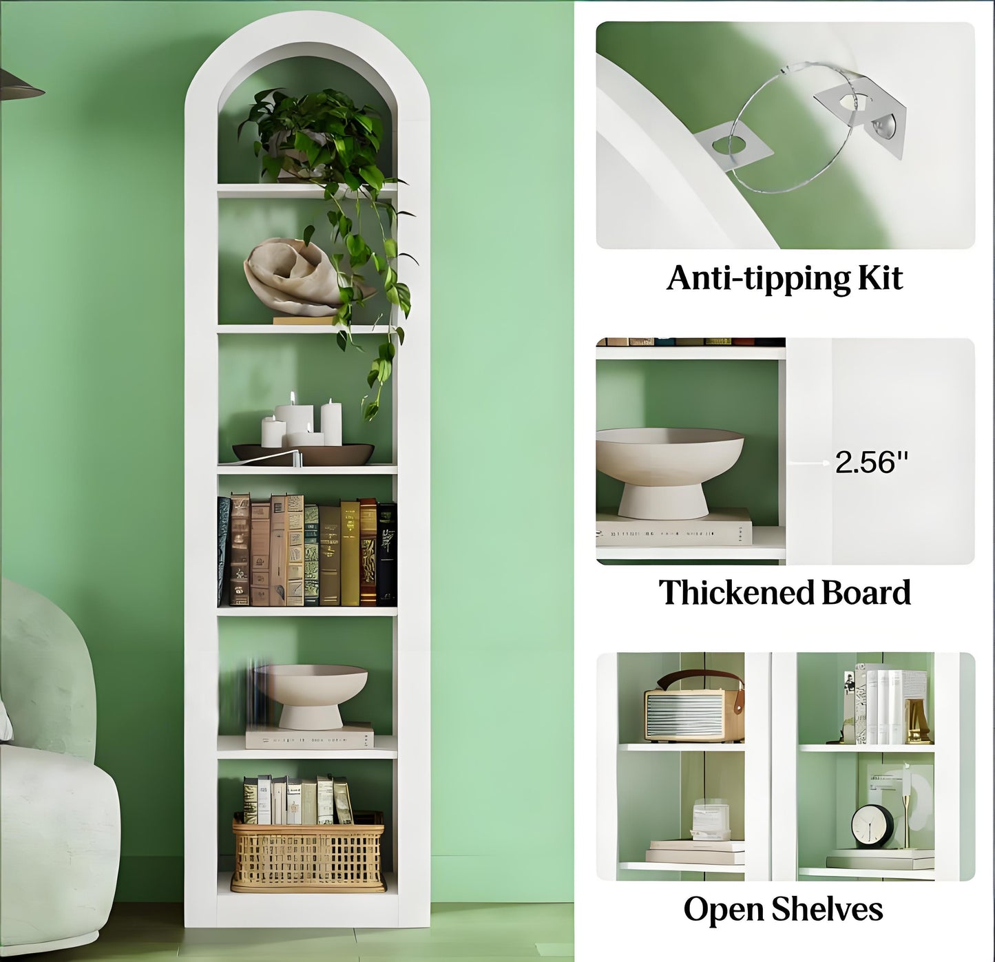 Arched Open Display Shelf - 6-Tier Bookcase in White