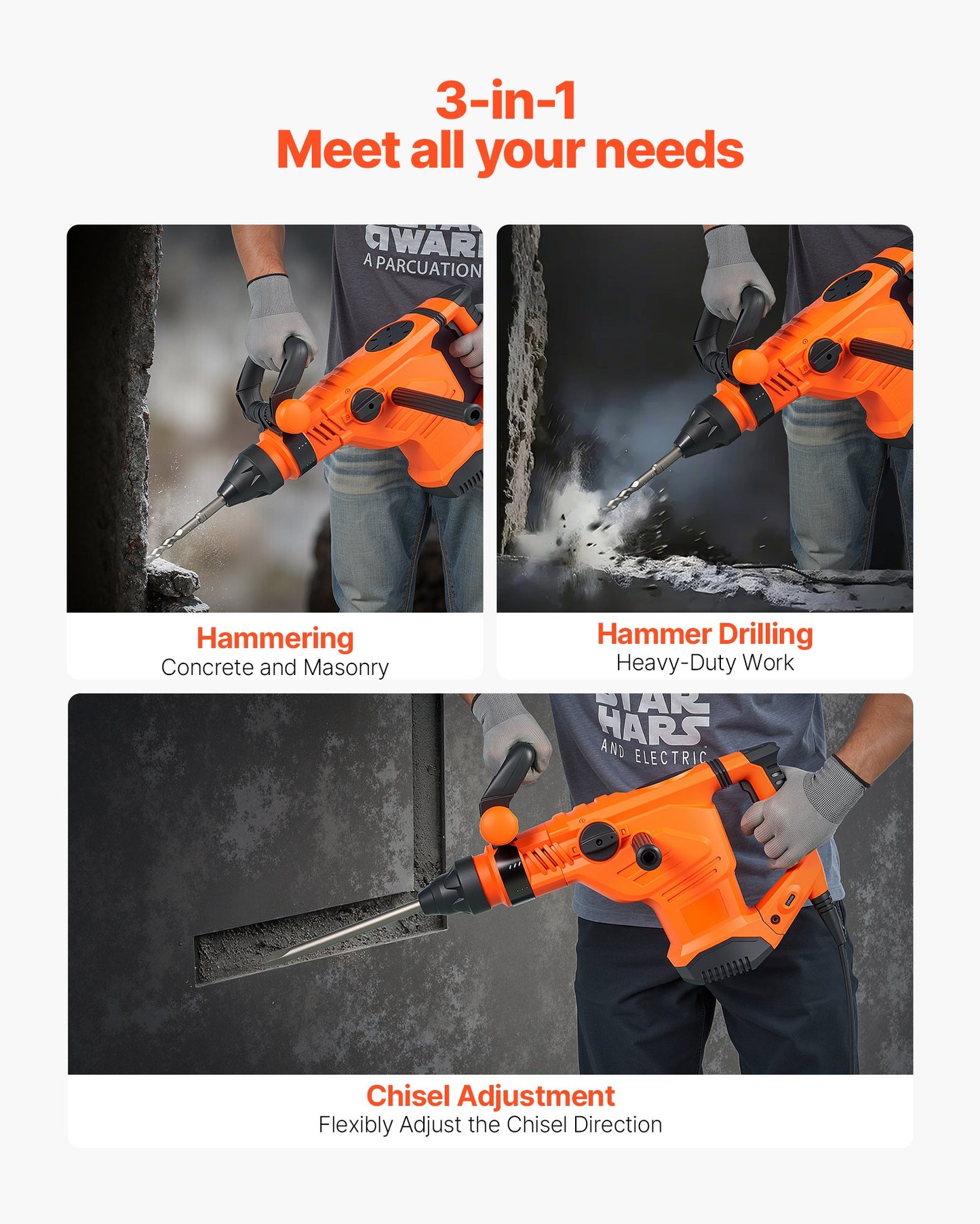 Corded Rotary Hammer Drill Kit 2 Inch 1600W with 3 Modes - MultiColor