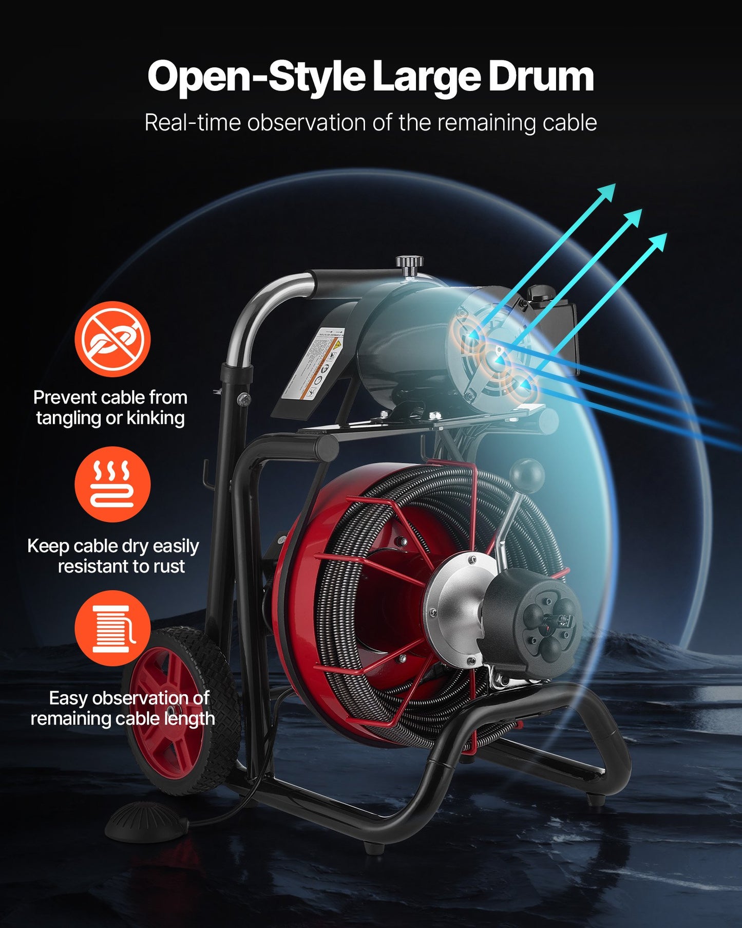 Drain Cleaner Machine 100 FT Steel Cable with Auto Feed & Foot Switch - Fits 2-6 Inch Pipes