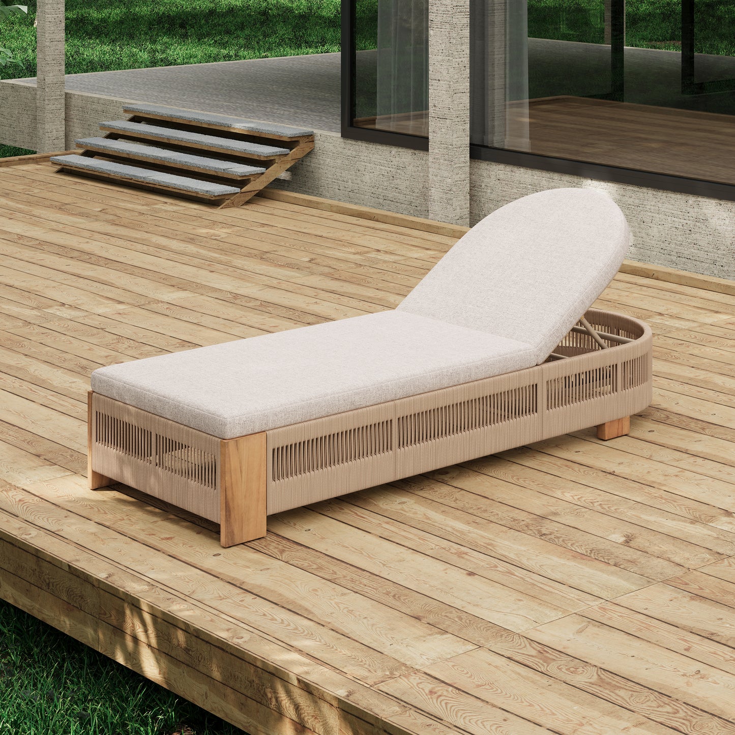 Outdoor Chaise Lounge Chair - Acacia Wood, Adjustable Backrest, Beige Cushion