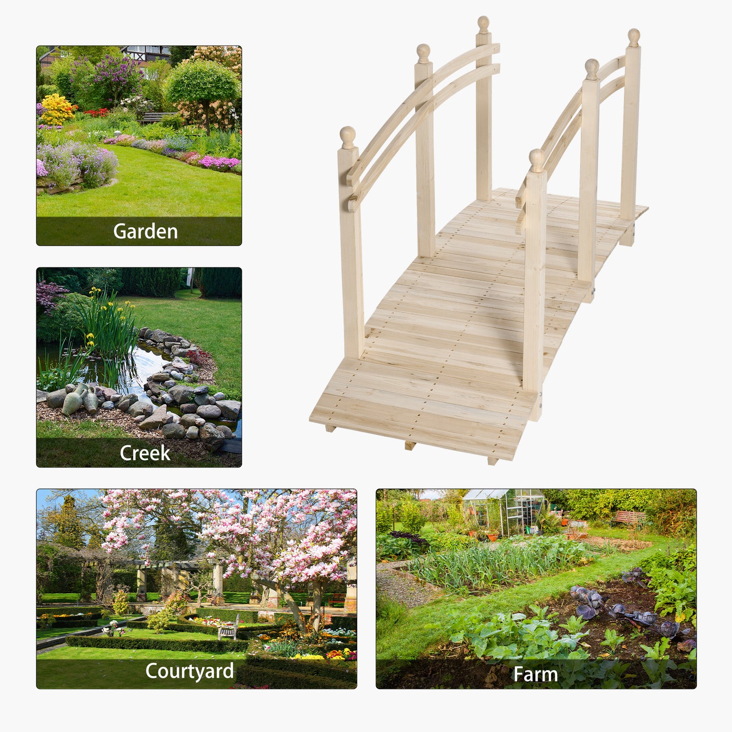 Wooden Garden Bridge with Safety Rails - 7.5 ft Natural Fir Wood for Ponds and Walkways
