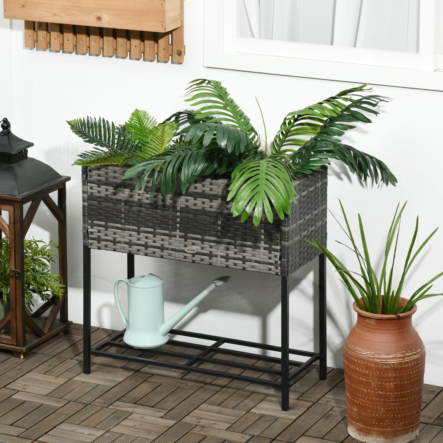Raised Garden Bed with Rattan Wicker Look and Tool Storage Shelf - Portable Plant Planter